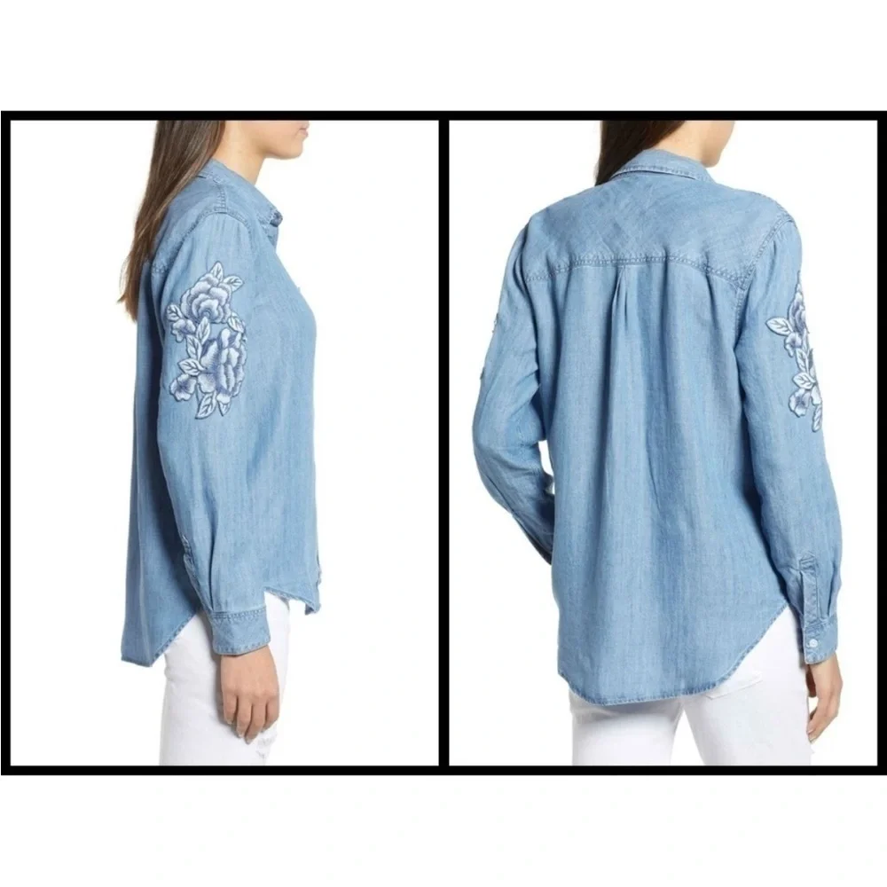 Rails Blue Denim‎ Shirt Floral Chambray Floral Embroidered Blouse Rose Appliqué